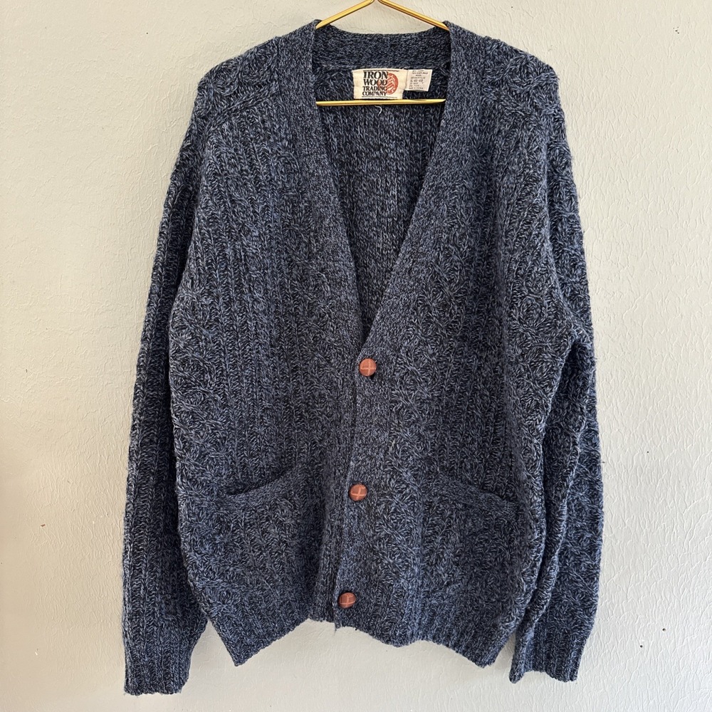 Vintage Iron Wood Trading Co Grandpa Button Down Sweater Wool Cardigan Blue XL